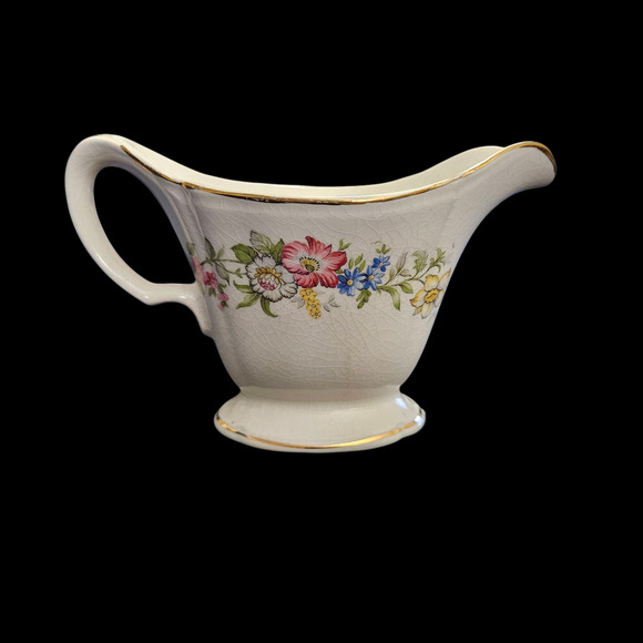 Vintage Floral Gravy Boat Sauce Pitcher Crackle Glaze Gold Trim Shabby Chic - Picture 3 of 7